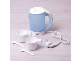Чайник 0.6л електричний пластиковий,білий-блакитний з чашками та ложками А1718В / Амма