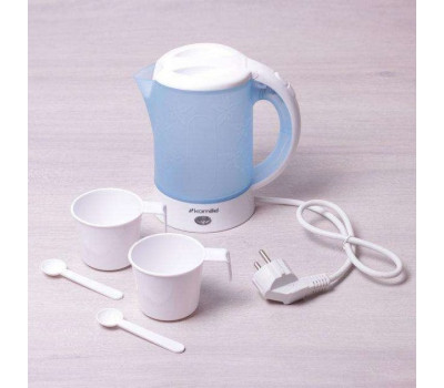 Чайник 0.6л електричний пластиковий,білий-блакитний з чашками та ложками А1718В