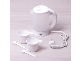 Чайник 0.6л електричний пластиковий, білий-матовий з чашками та ложками A1718a / Чайники електричні Kamille