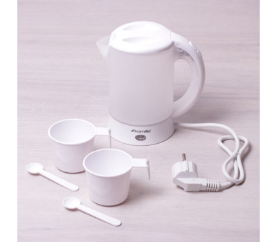 Чайник 0.6л электрический пластиковый, белый-матовый с чашками и ложками A1718a