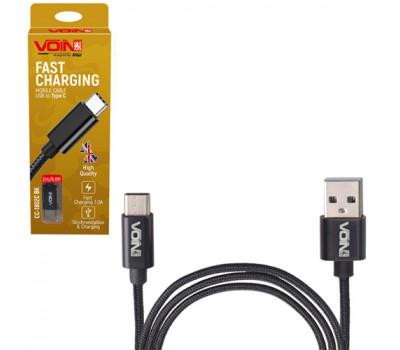 Кабель VOIN USB - Type C 3А, 1m, black (швидка зарядка/передача даних)