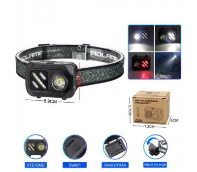 Фонарь налобный WT-509+XPE+9SMD (white+red), 3xAAA, Box