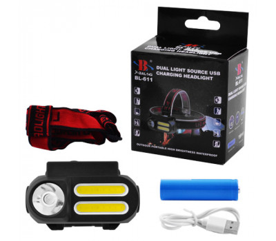 Фонарь налобный NF-1804/611-1LM+2COB, 1x18650, ЗУ microUSB
