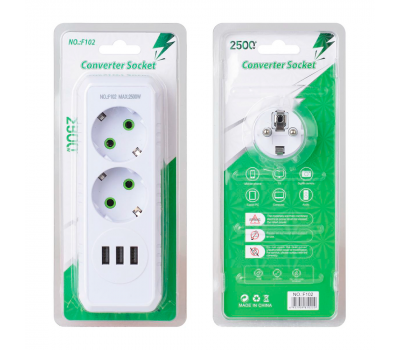 Розетка тройник с заземлением F102-White, 2 розетки+3USB(1А), 2500W, 10A, 110-250V~Max, Blister