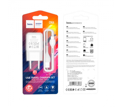 Набір СЗУ 110-240V HOCO C96A+ кабель Type-C, 1xUSB, 2.1A, кабель 1м, White, Blister