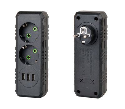 Розетка трійник із заземленням F102-Black, 2 розетки+3USB(1А), 2500W, 10A, 110-250V~Max, Blister