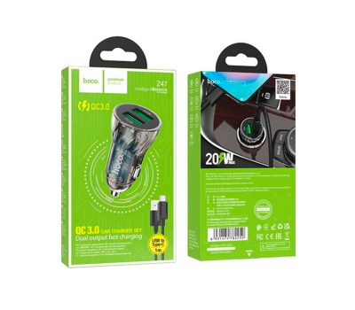 Набір АЗУ 12-24V HOCO Z47 кабель Type-C, 2xUSB 3.0, 2.4A, кабель 1м, Black, Box