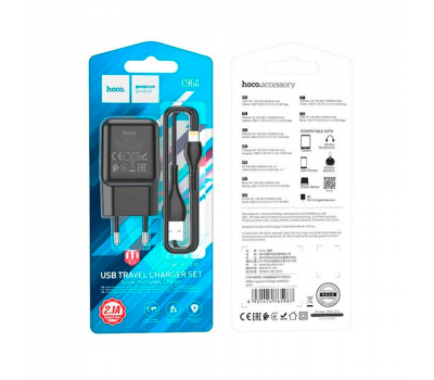 Набір СЗУ 110-240V HOCO C96A+ кабель Lighting, 1xUSB, 2.1A, кабель 1м, Black, Blister