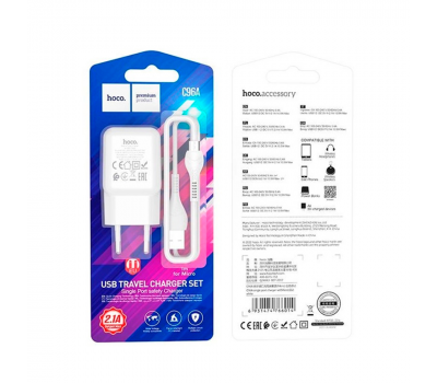 Набір СЗУ 110-240V HOCO C96A+ кабель Micro, 1xUSB, 2.1A, кабель 1м, White, Blister