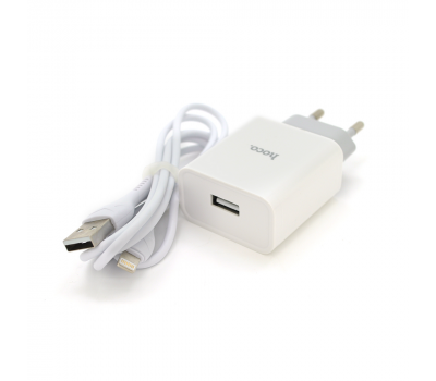 Набір СЗУ 110-240V HOCO C81A 1xUSB+ кабель Lighting, 2.1A, кабель 1м, White, Blister