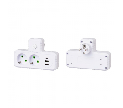 Розетка трійник Т-подібний із заземленням F303-White, 2 розетки+2USB+1Type-C, 2500W, 10A, 110-250V~Max, Blister