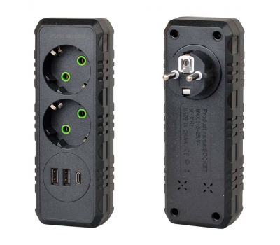 Розетка трійник із заземленням F103-Black, 2 розетки+2USB+1Type-C, 2500W, 10A, 110-250V~Max, Blister