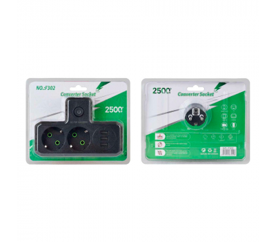 Розетка трійник Т-подібний із заземленням F302-Black, 2 розетки+3USB(1А), 2500W, 10A, 110-250V~Max, Blister