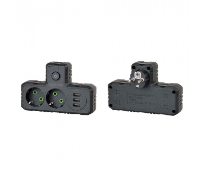 Розетка трійник Т-подібний із заземленням F302-Black, 2 розетки+3USB(1А), 2500W, 10A, 110-250V~Max, Blister