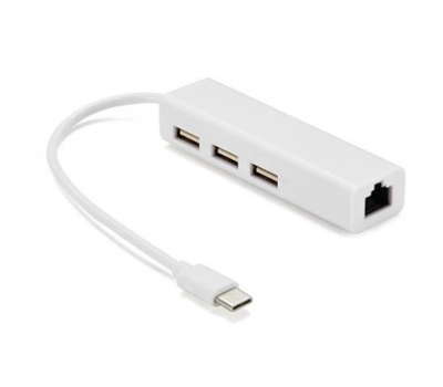 Контроллер Type-C to Ethernet Мережеий адаптер 10/100Mbps з проводом + 3 порти USB3.0, White, Blister-Box