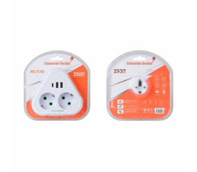 Розетка трійник із заземленням F203-White, 2 розетки+2USB+1Type-C, 2500W, 10A, 110-250V~Max, Blister