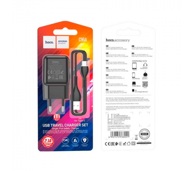 Набір СЗУ 110-240V HOCO C96A+ кабель Type-C, 1xUSB, 2.1A, кабель 1м, Black, Blister