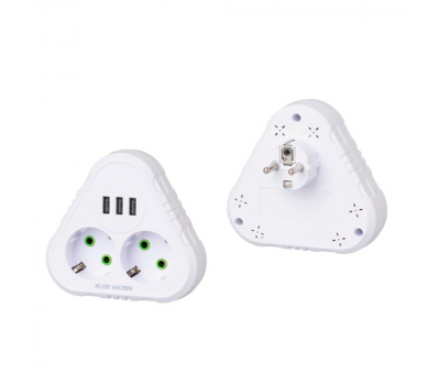 Розетка трійник із заземленням F202-White, 2 розетки+3USB(1А), 2500W, 10A, 110-250V~Max, Blister