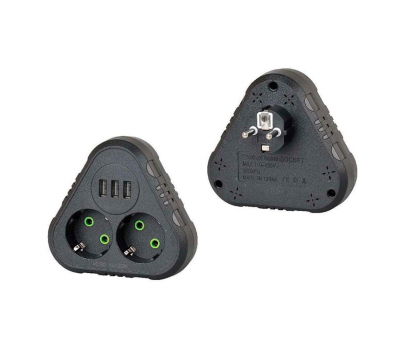 Розетка трійник із заземленням F202-Black, 2 розетки+3USB(1А), 2500W, 10A, 110-250V~Max, Blister