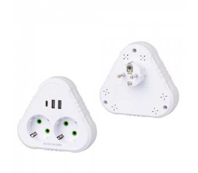 Розетка трійник із заземленням F203-White, 2 розетки+2USB+1Type-C, 2500W, 10A, 110-250V~Max, Blister
