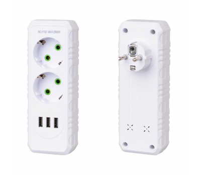 Розетка тройник с заземлением F102-White, 2 розетки+3USB(1А), 2500W, 10A, 110-250V~Max, Blister