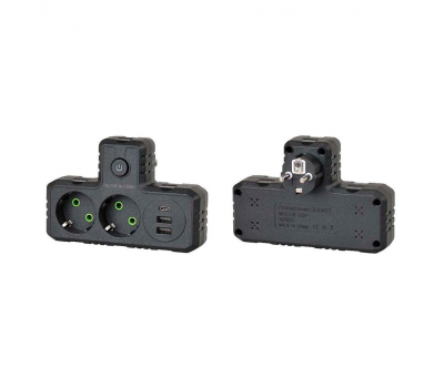 Розетка трійник Т-подібний із заземленням F303-Black, 2 розетки+2USB+1Type-C, 2500W, 10A, 110-250V~Max, Blister