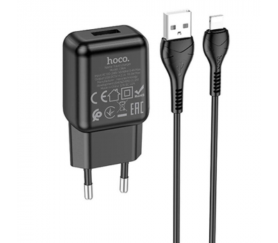 Набір СЗУ 110-240V HOCO C96A+ кабель Lighting, 1xUSB, 2.1A, кабель 1м, Black, Blister