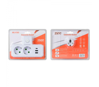 Розетка трійник Т-подібний із заземленням F303-White, 2 розетки+2USB+1Type-C, 2500W, 10A, 110-250V~Max, Blister