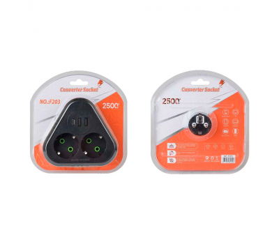 Розетка трійник із заземленням F203-Black, 2 розетки+2USB+1Type-C, 2500W, 10A, 110-250V~Max, Blister