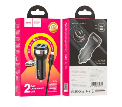 Набір АЗУ 12-24V HOCO Z40+ кабель Type-C, 2xUSB, 2.4A, кабель 1м, Black, Box