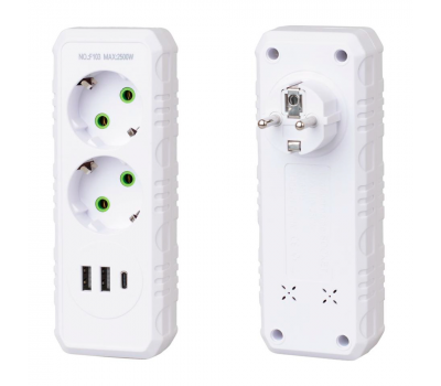Розетка трійник із заземленням F103-White, 2 розетки+2USB+1Type-C, 2500W, 10A, 110-250V~Max, Blister