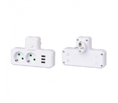 Розетка трійник Т-подібний із заземленням F302-White, 2 розетки+3USB(1А), 2500W, 10A, 110-250V~Max, Blister