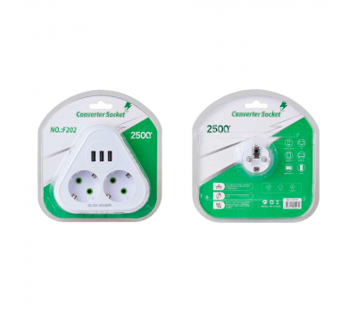 Розетка трійник із заземленням F202-White, 2 розетки+3USB(1А), 2500W, 10A, 110-250V~Max, Blister