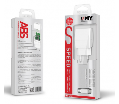 Набір 2 в 1 СЗУ With Iphone Cable 110-240V MY-A101, 1 x USB, 5V/5W, Output: 5V/1A, White, Blister-, Q25