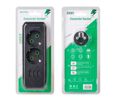 Розетка трійник із заземленням F102-Black, 2 розетки+3USB(1А), 2500W, 10A, 110-250V~Max, Blister