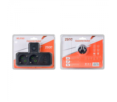 Розетка трійник Т-подібний із заземленням F303-Black, 2 розетки+2USB+1Type-C, 2500W, 10A, 110-250V~Max, Blister