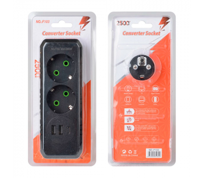 Розетка трійник із заземленням F103-Black, 2 розетки+2USB+1Type-C, 2500W, 10A, 110-250V~Max, Blister