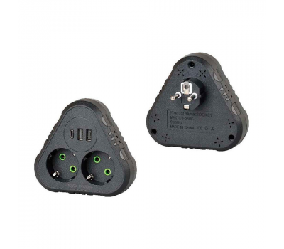 Розетка трійник із заземленням F203-Black, 2 розетки+2USB+1Type-C, 2500W, 10A, 110-250V~Max, Blister