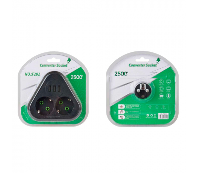 Розетка трійник із заземленням F202-Black, 2 розетки+3USB(1А), 2500W, 10A, 110-250V~Max, Blister