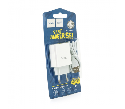 Набір СЗУ 110-240V HOCO C72A+ кабель Type-C, 1xUSB, 2.4A, кабель 1м, White, Blister