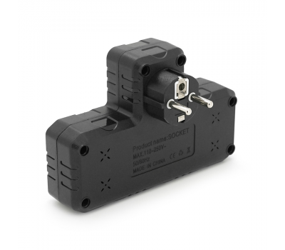Розетка трійник Т-подібний із заземленням F302-Black, 2 розетки+3USB(1А), 2500W, 10A, 110-250V~Max, Blister