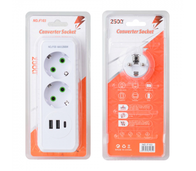 Розетка трійник із заземленням F103-White, 2 розетки+2USB+1Type-C, 2500W, 10A, 110-250V~Max, Blister