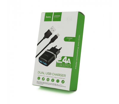 Набор СЗУ 110-240V HOCO C12+ кабель Lighting, 1xUSB, 2.4A, кабель 1м, Black, Blister