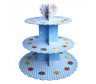 Стенд трехъярусный картонный круглый для капкейков голубого цвета (шт)