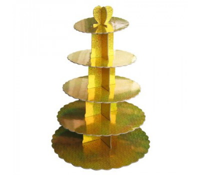 Стенд п'ятиярусний картонний круглий для капкейків золотого кольору з голограмою (шт)