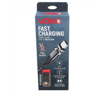 Кабель магнітний VOIN USB - Micro USB 3А, 2m, black (швидка зарядка/передача даних) (VC-6102M BK)