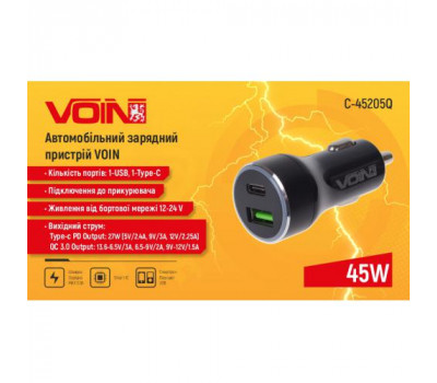 Автомобильное зарядное устройство VOIN 45W, 1USB QC3.0 18W + 1PD 27W, 12/24V (C-45205Q)