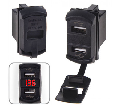 Автомобильное зарядное устройство 2 USB 12-24V врезной + вольтметр (10256 USB-12-24V 2,1A RED)