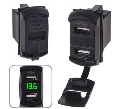 Автомобильное зарядное устройство 2 USB 12-24V врезной + вольтметр (10257 USB-12-24V 2,1A GRE)
