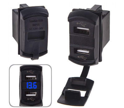 Автомобильное зарядное устройство 2 USB 12-24V врезной + вольтметр (10258 USB-12-24V 2,1A BLU)